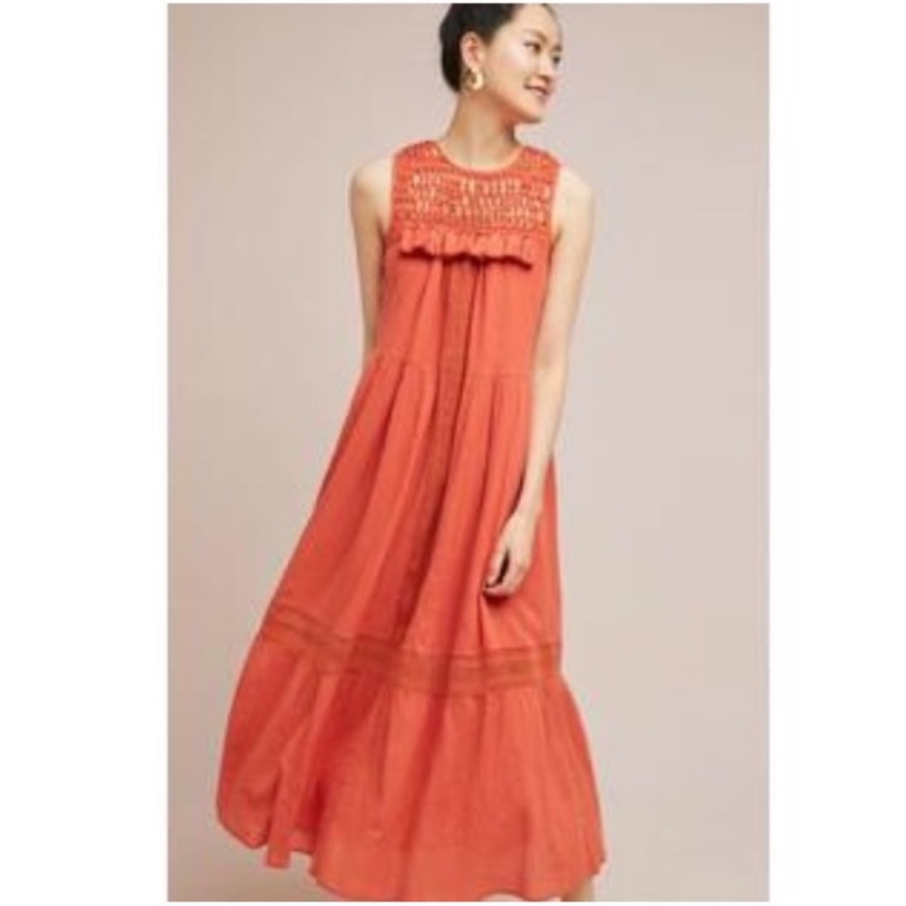 Anthropologie Rust orange Sleeveless Maxi Dress Abilene crochet yoke